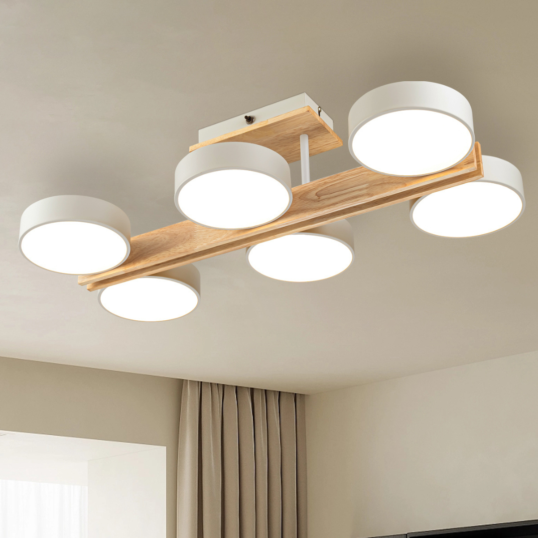 Plafón LED Madera Circular Salón NORDIC | Blanco 6 Luces CCT