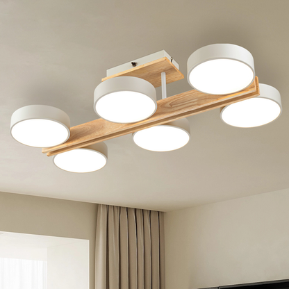 Plafón LED Madera Circular Salón NORDIC | Blanco 6 Luces CCT