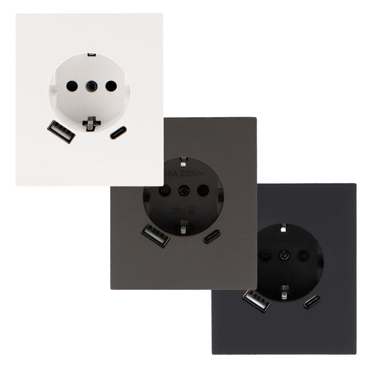 Enchufe Empotrable Tipo Schuko Con Usb + C Diseño Minimalista | Blanco / Negro / Gris