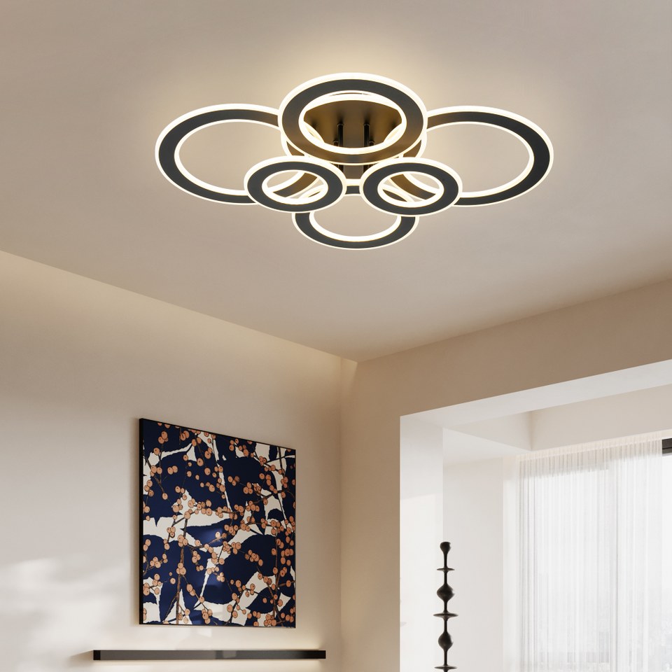 Lampara de 6 Aros Led Integrado CCT Regulable con Mando Negro