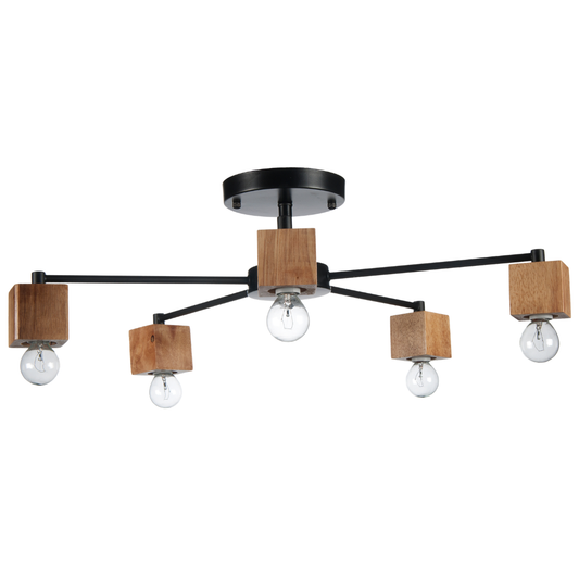 Lámpara Techo Madera Lineal Salón OSLO | Negro/Madera 5 Luces