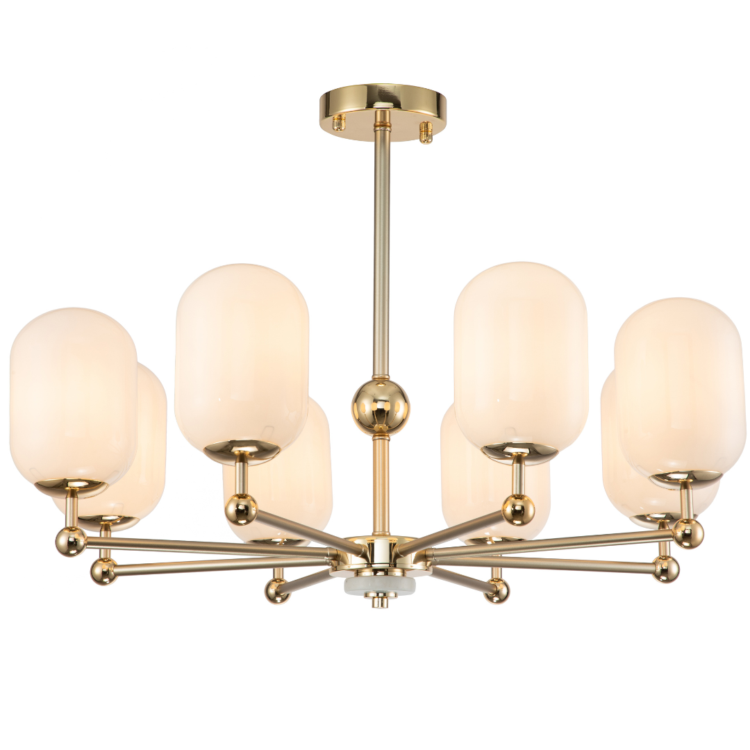 Lámpara Techo Cristal Opal Salón PACA | Dorado 8 Luces E14