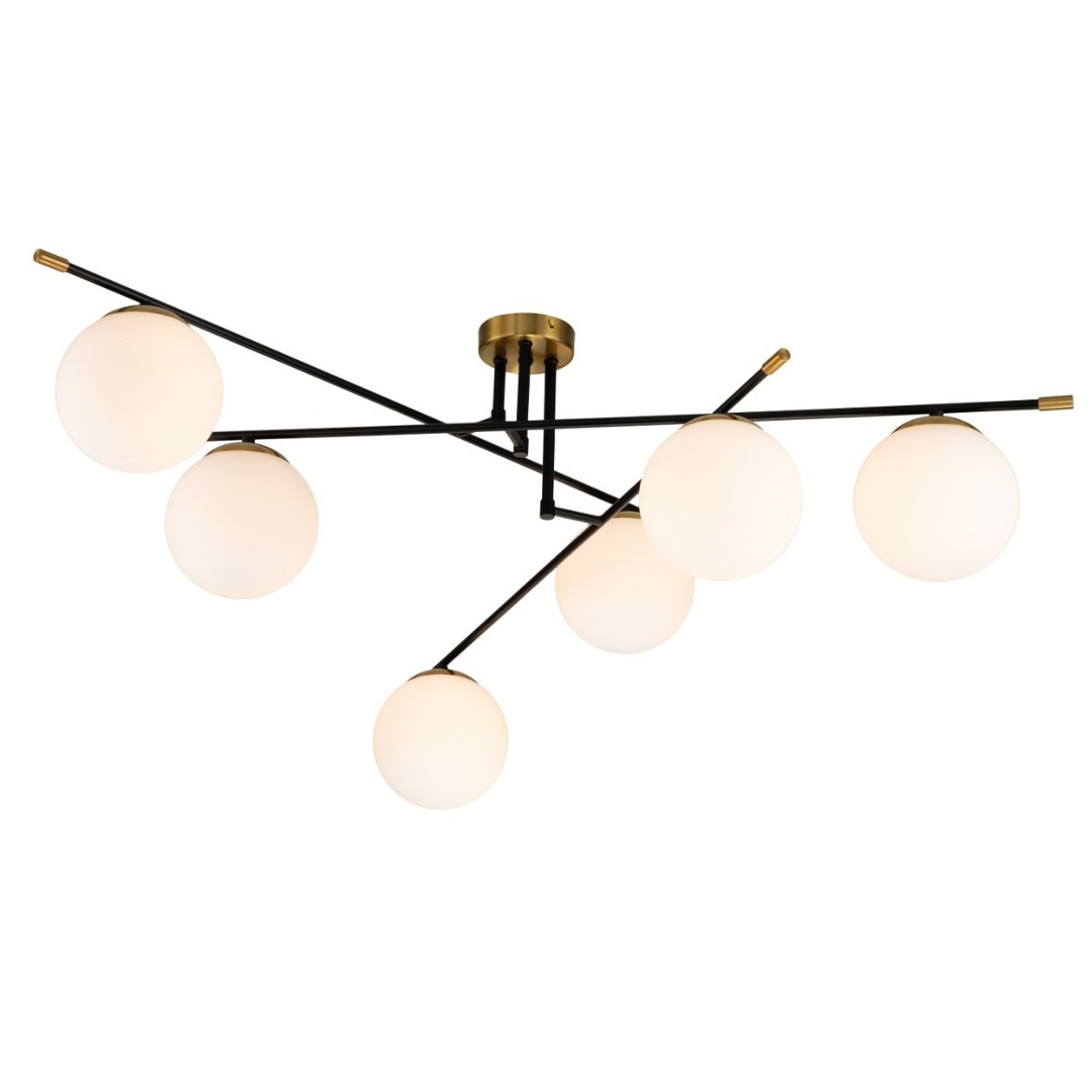 Lámpara Techo Cristal Opal Salón NOSTALGIA | Negro/Oro 6 Luces