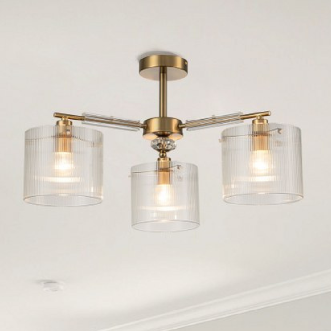 Lámpara Techo Cristal Cilíndrica Salón CAVAYA | Dorado 3 Luces