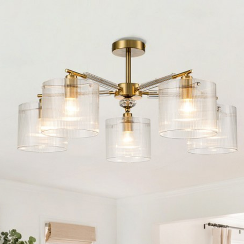 Lámpara Techo Cristal Cilíndrica Salón CAVAYA | Dorado 5 Luces