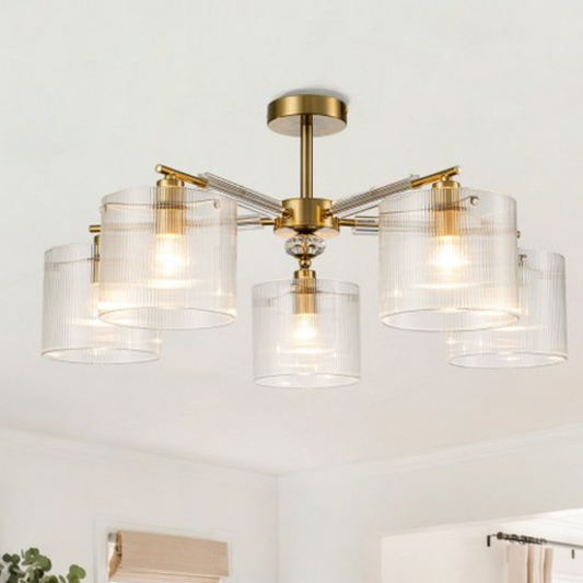 Lámpara Techo Cristal Cilíndrica Salón CAVAYA | Dorado 5 Luces
