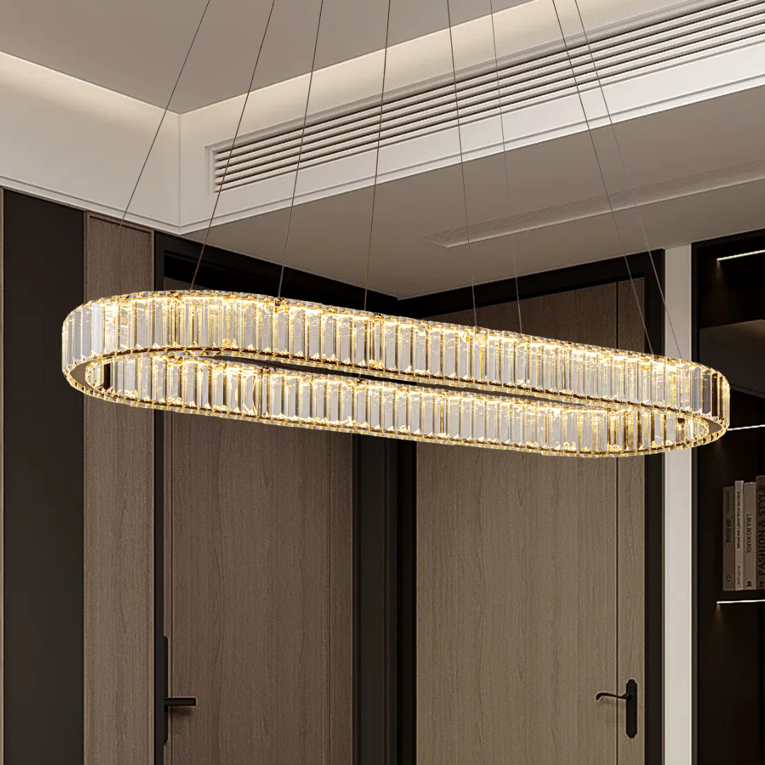 Lámpara Colgante Cristal Ovalada Comedor CRYSTO | Dorada LED CCT