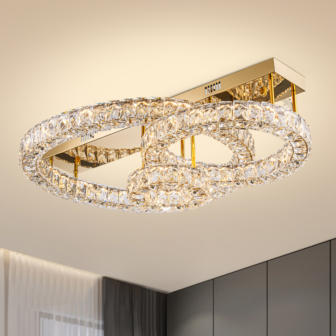 Plafón Cristal Circular Salón INFINITY | Dorado 3 Aros LED