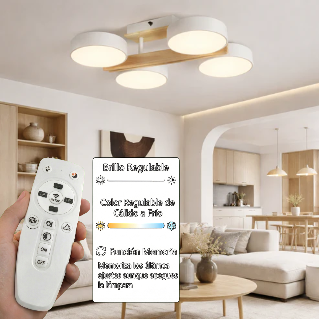 Plafón LED Madera Circular Salón NORDIC | Blanco 4 Luces CCT