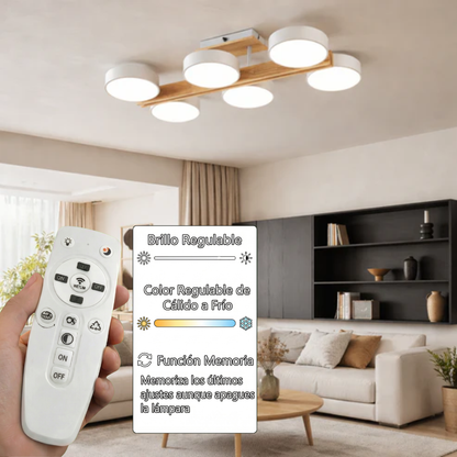 Plafón LED Madera Circular Salón NORDIC | Blanco 6 Luces CCT