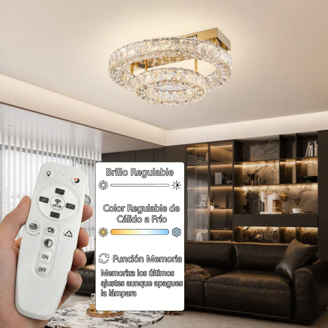 Plafón Cristal Circular Salón INFINITY | Dorado 2 Aros LED
