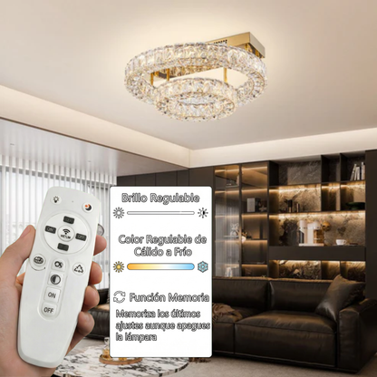 Plafón Cristal Circular Salón INFINITY | Dorado 2 Aros LED