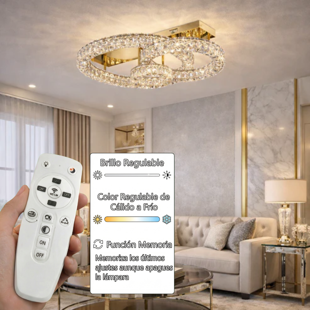 Plafón Cristal Circular Salón INFINITY | Dorado 3 Aros LED